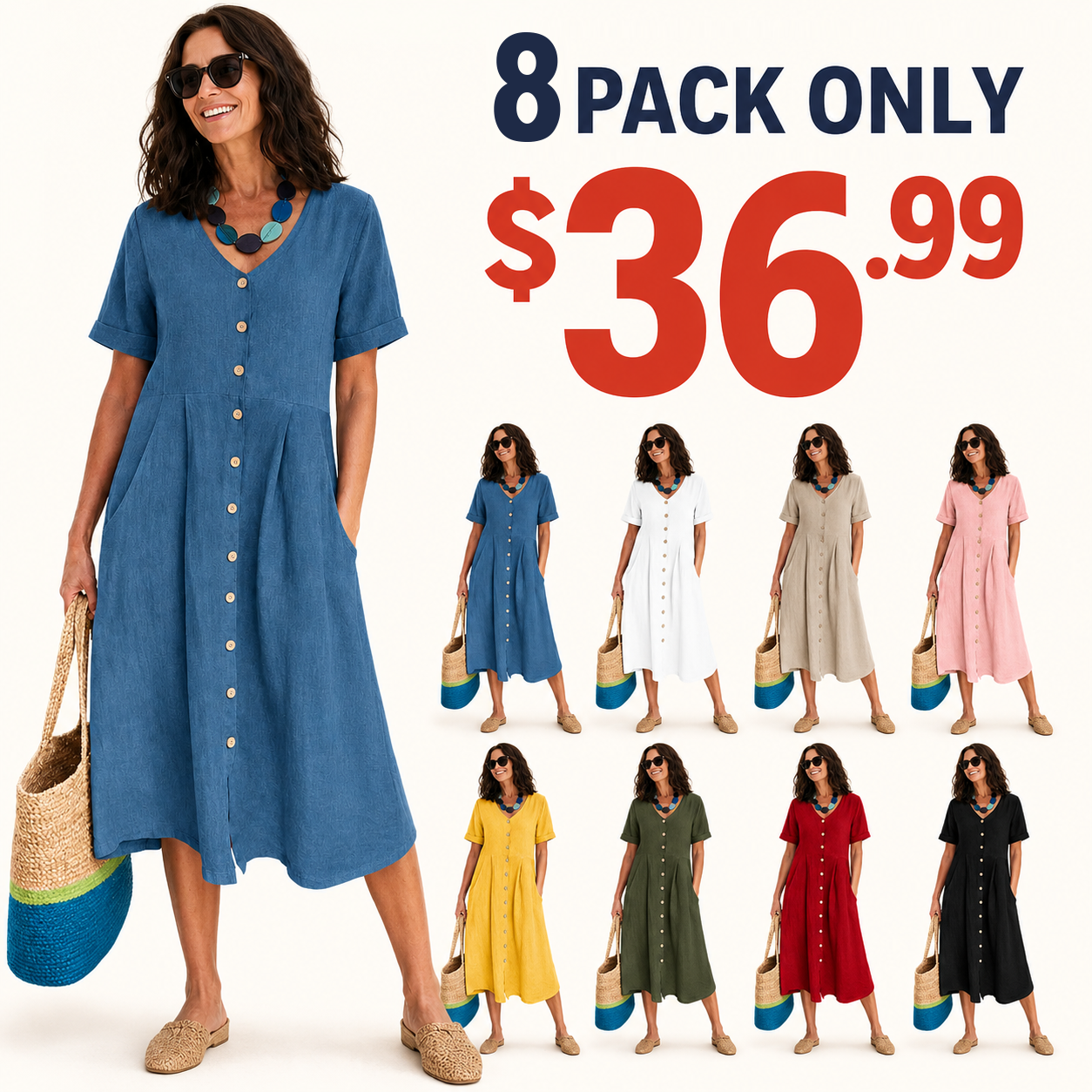 ⏰SUMMER FINAL SALE⚡8 Pack for $36.99⚡The Linen Dress American Women Love to Wear All Summer