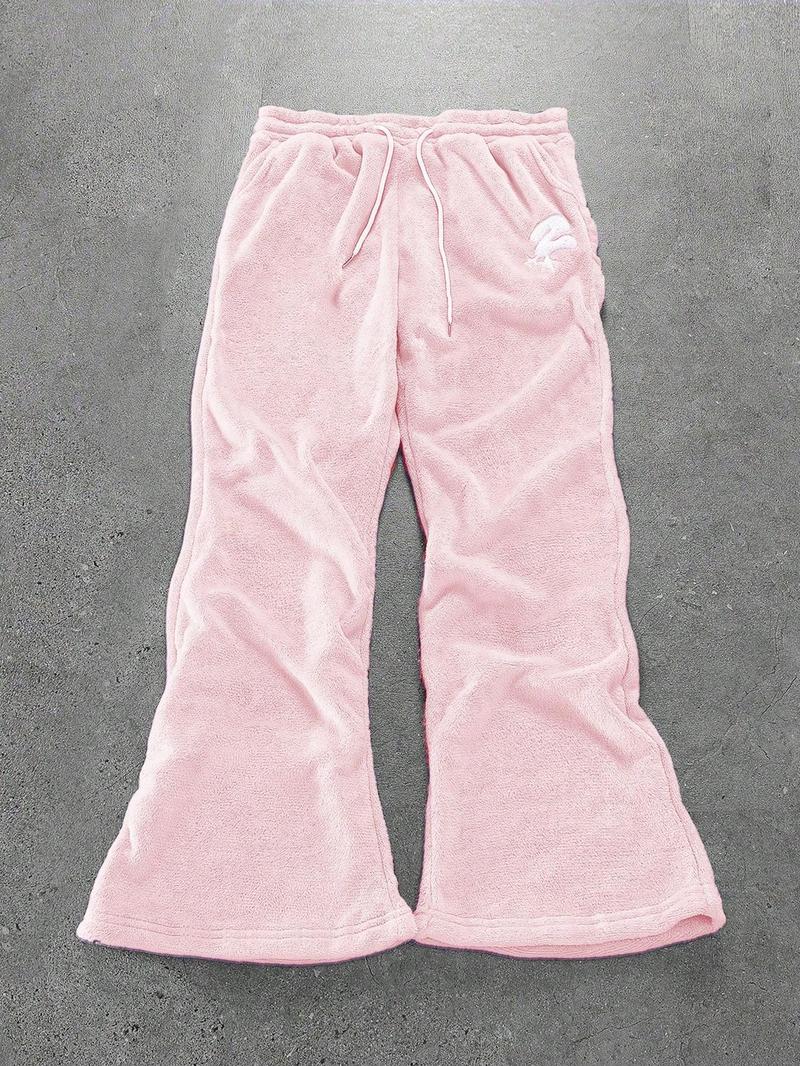 Unisex's Thermal Lined Embroidery Drawstring Waist Sweatpants, Casual Street Pocket Trousers for Daily Wear, Unisex's Bottoms for All Seasons