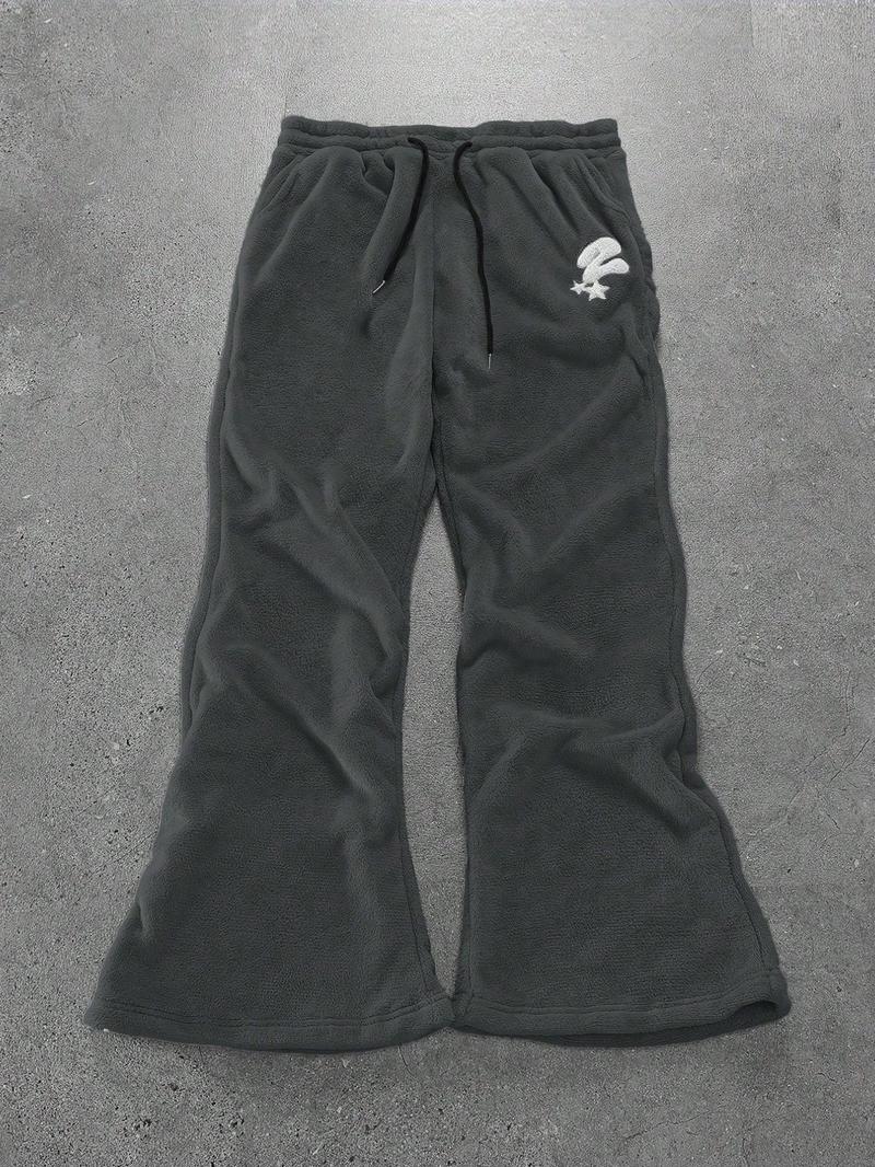 Unisex's Thermal Lined Embroidery Drawstring Waist Sweatpants, Casual Street Pocket Trousers for Daily Wear, Unisex's Bottoms for All Seasons