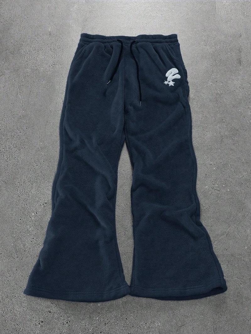 Unisex's Thermal Lined Embroidery Drawstring Waist Sweatpants, Casual Street Pocket Trousers for Daily Wear, Unisex's Bottoms for All Seasons