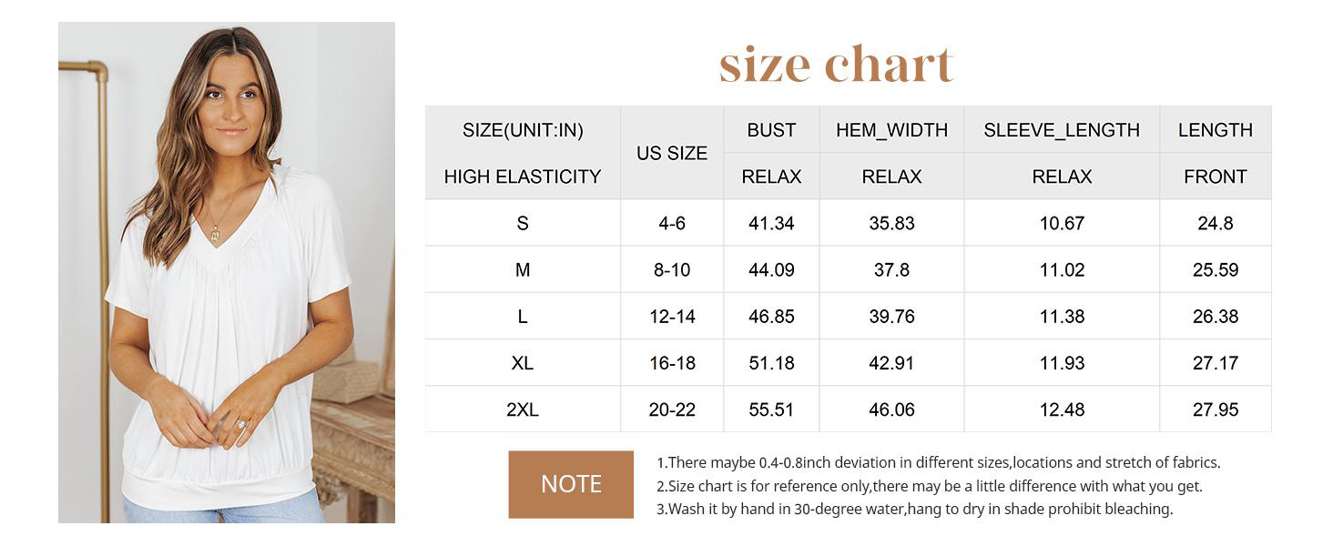 Women's Casual Summer Short Sleeve V-neck Tops T-shirts - Loose Fit & Comfortable Shirring Top