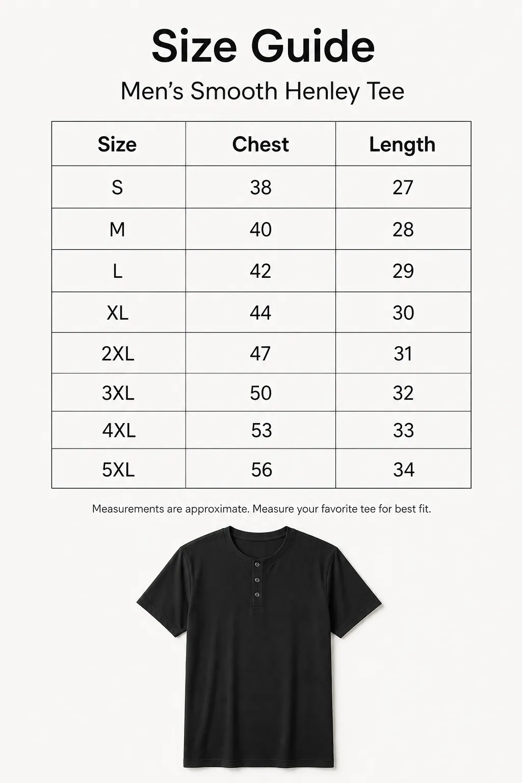 Men smooth Henley tee size guide chart S to 5XL detail image