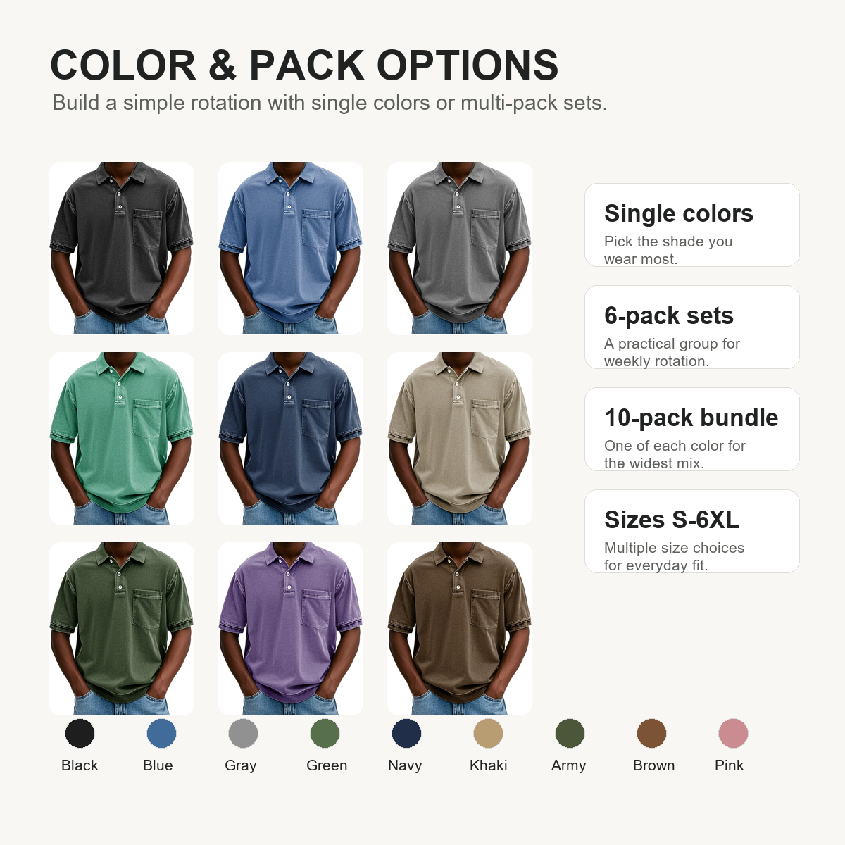 Mens retro lapel pocket polo shirt color and pack options