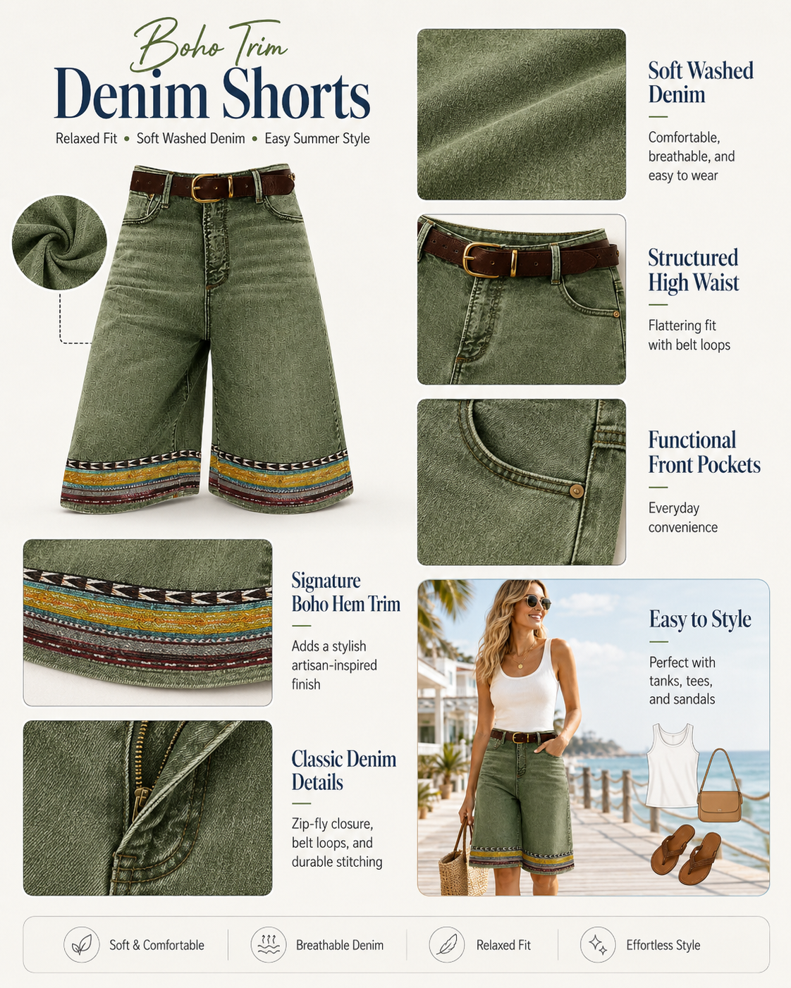 Women's Printed Hem Denim Bermuda Shorts