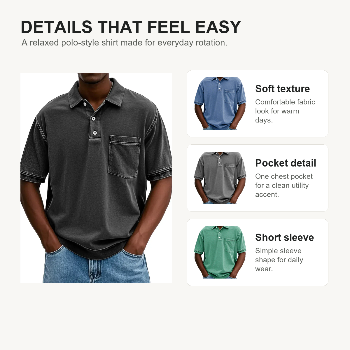 Mens retro lapel pocket polo shirt fabric collar and pocket details
