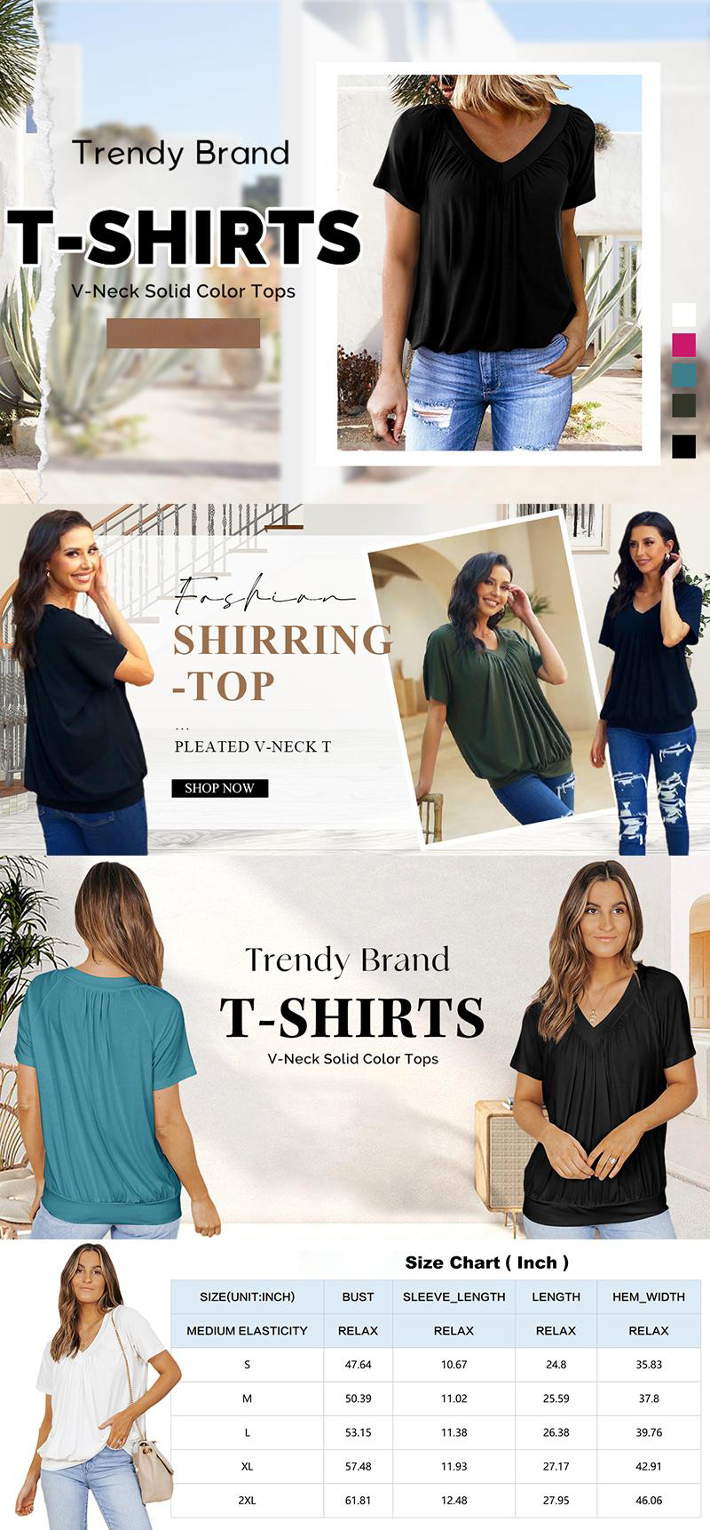 Women's Casual Summer Short Sleeve V-neck Tops T-shirts - Loose Fit & Comfortable Shirring Top
