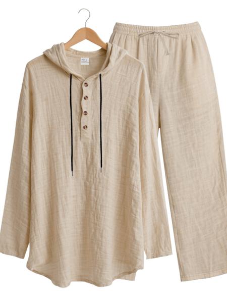 Men's Trendy Linen Hooded Two-Piece Set, Casual Vacation Style, Loose Fit Breathable Fabric, Hoodie & Wide-Leg Pants, Spring & Fall Wear