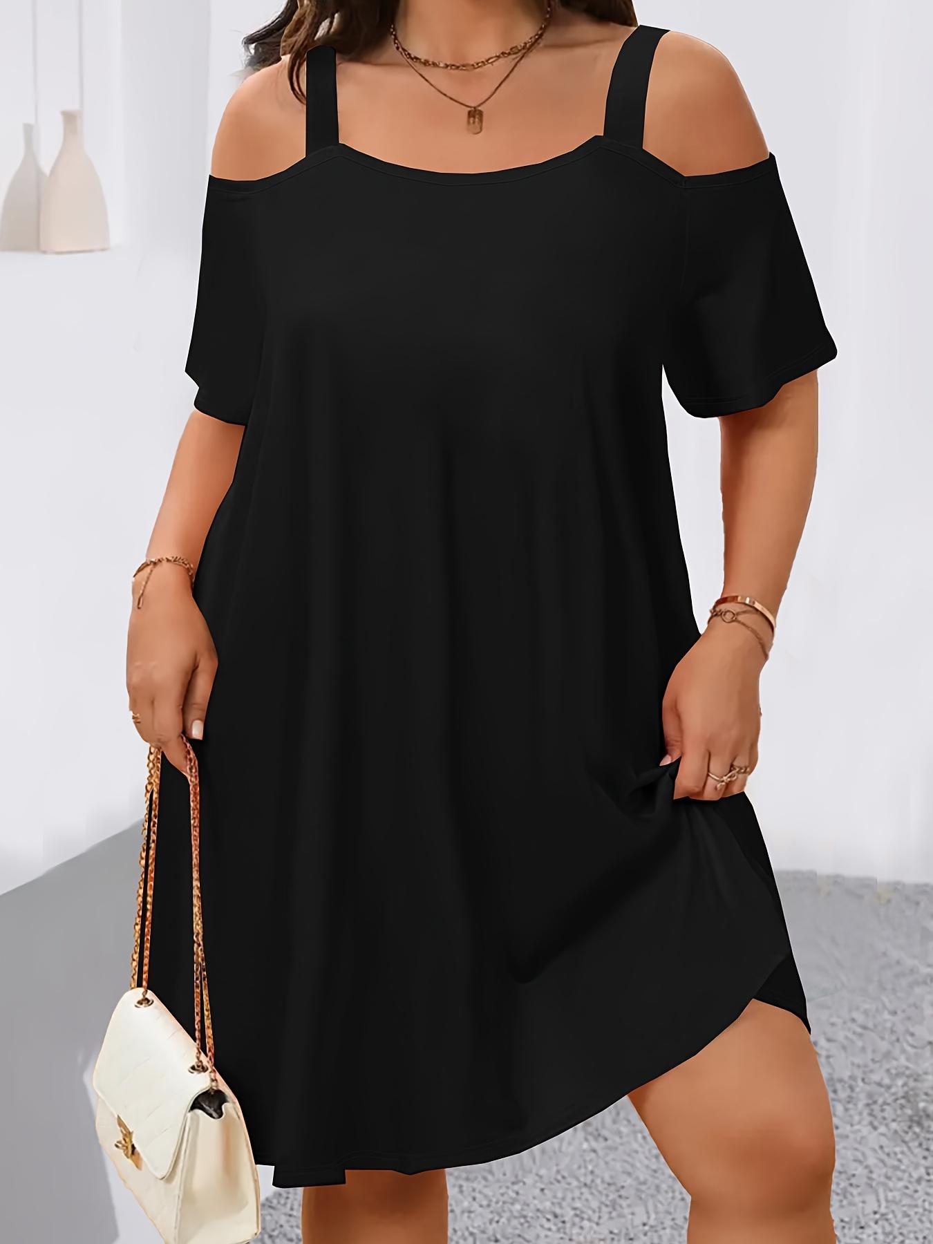 Plus Size Women's Round Neck Short Sleeve Shoulder Cut Out Fitted Casual Midi Dress, Comfortable Fabric, Perfect for Bridesmaids, Vacation, Travel