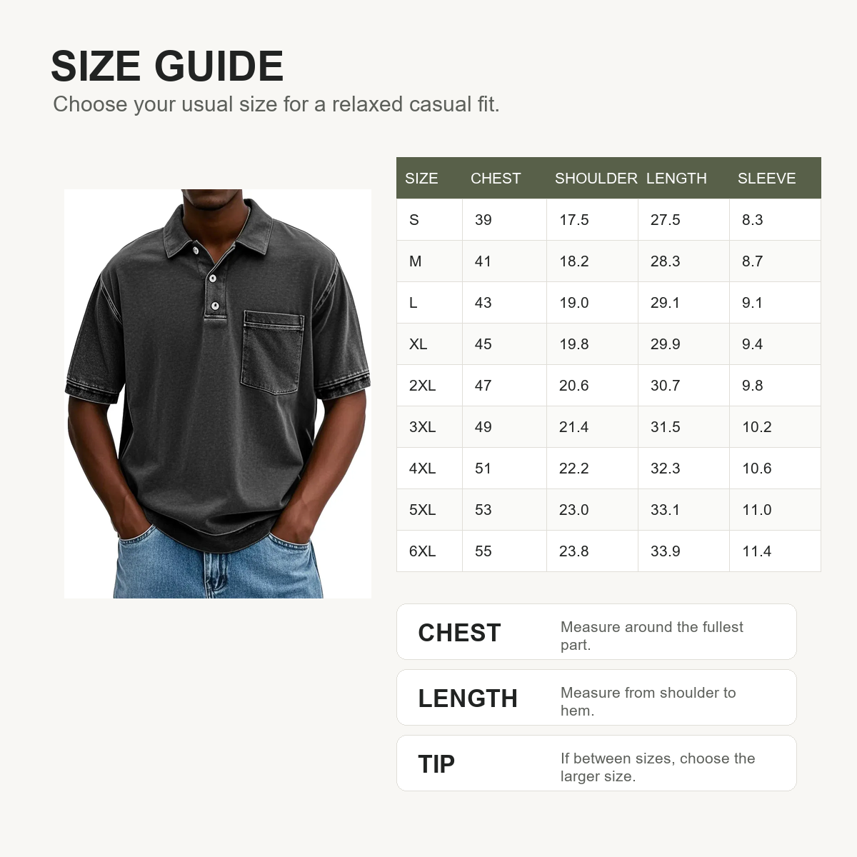 Mens retro lapel pocket polo shirt size guide S to 6XL