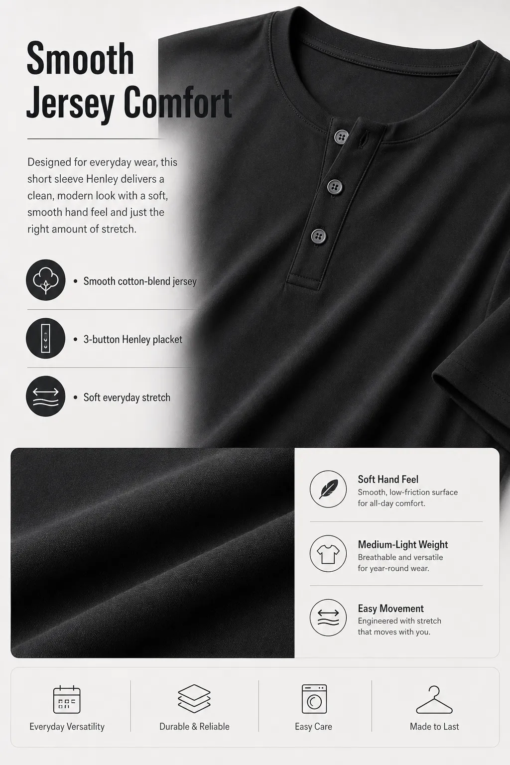 Men smooth Henley tee smooth jersey comfort detail image