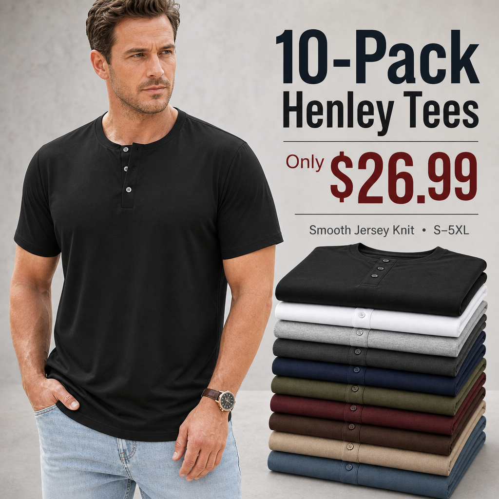 Seasonal Clearance Sale 10 Pack Only$34.99-Men’s Smooth Button Placket Short Sleeve Henley Tee