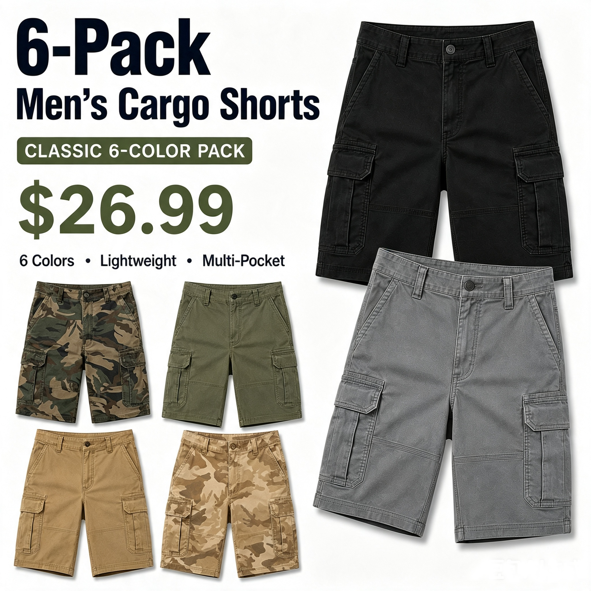 6-Pack Men's Lightweight Cargo Shorts