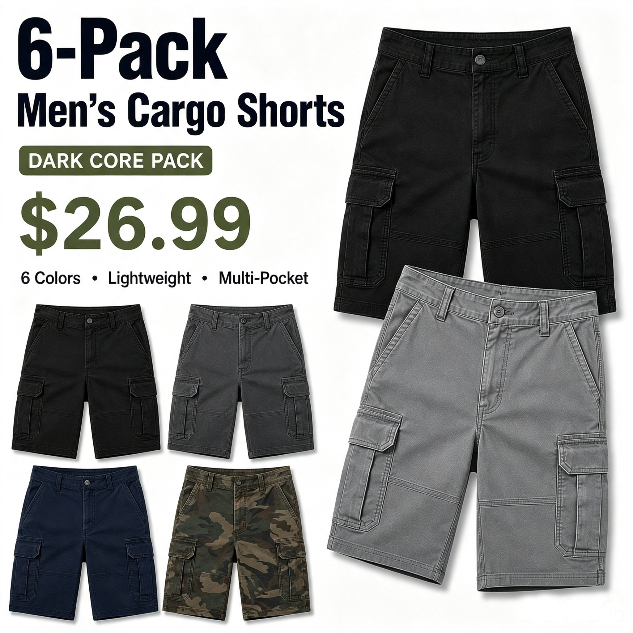 6-Pack Men's Lightweight Cargo Shorts