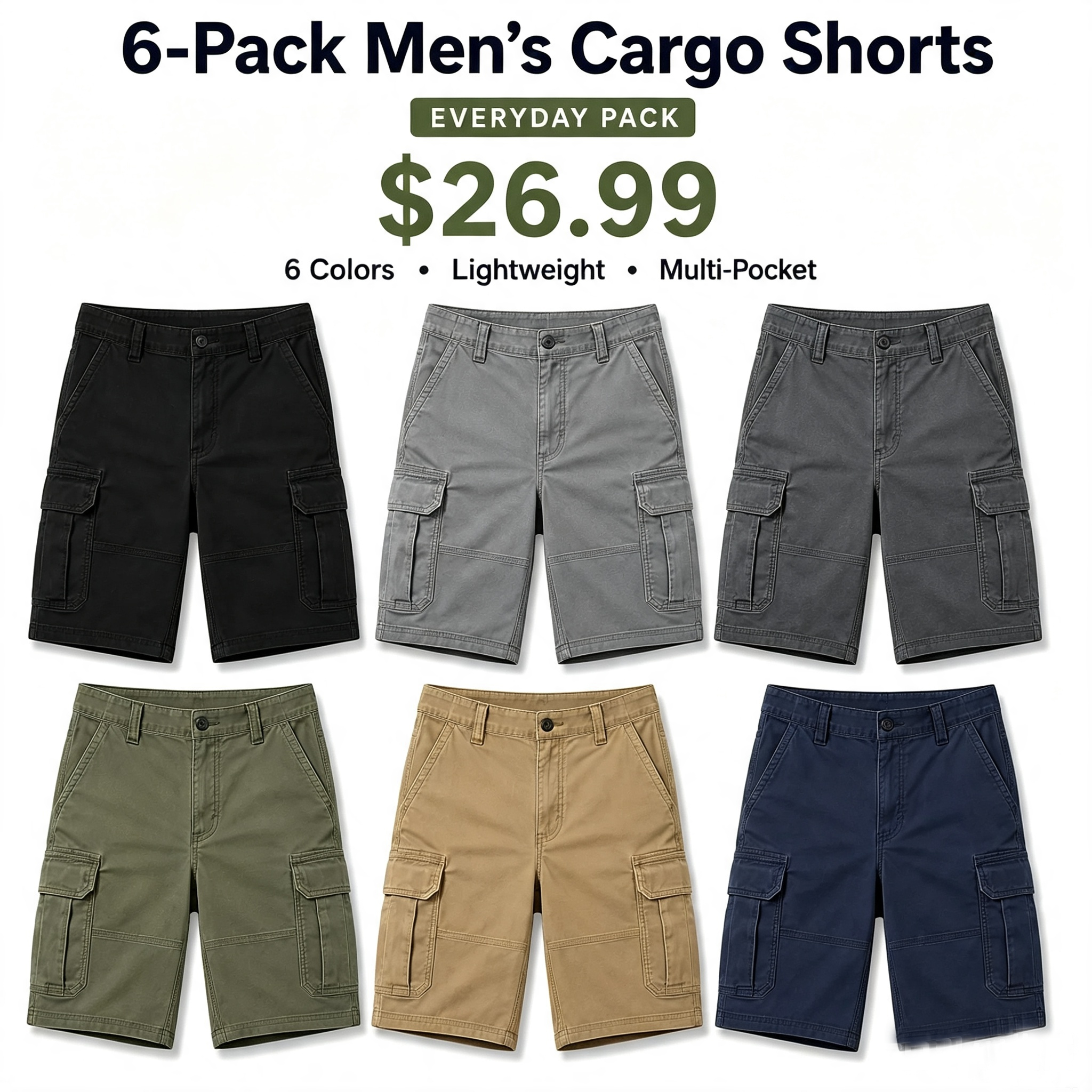 6-Pack Men's Lightweight Cargo Shorts