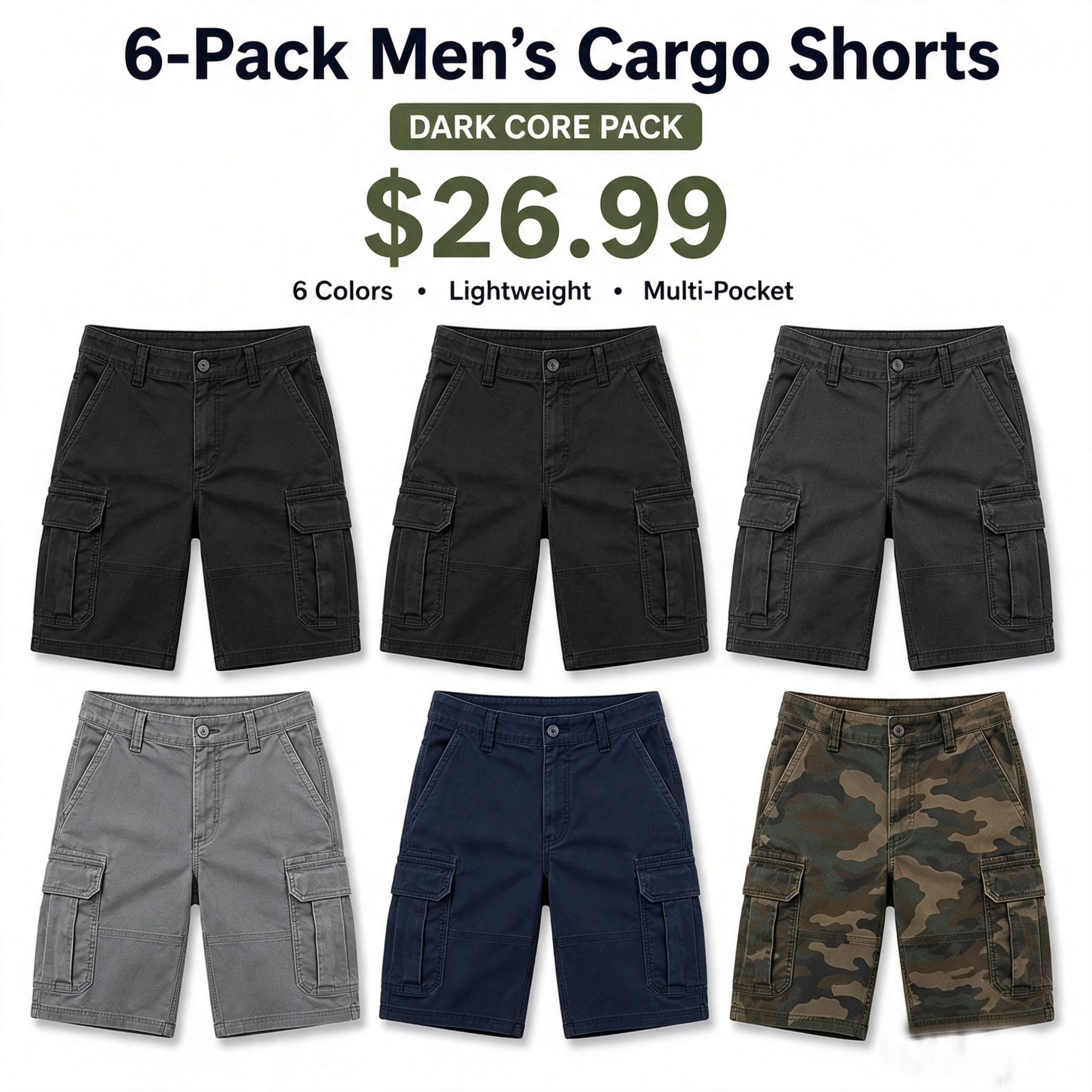 6-Pack Men's Lightweight Cargo Shorts