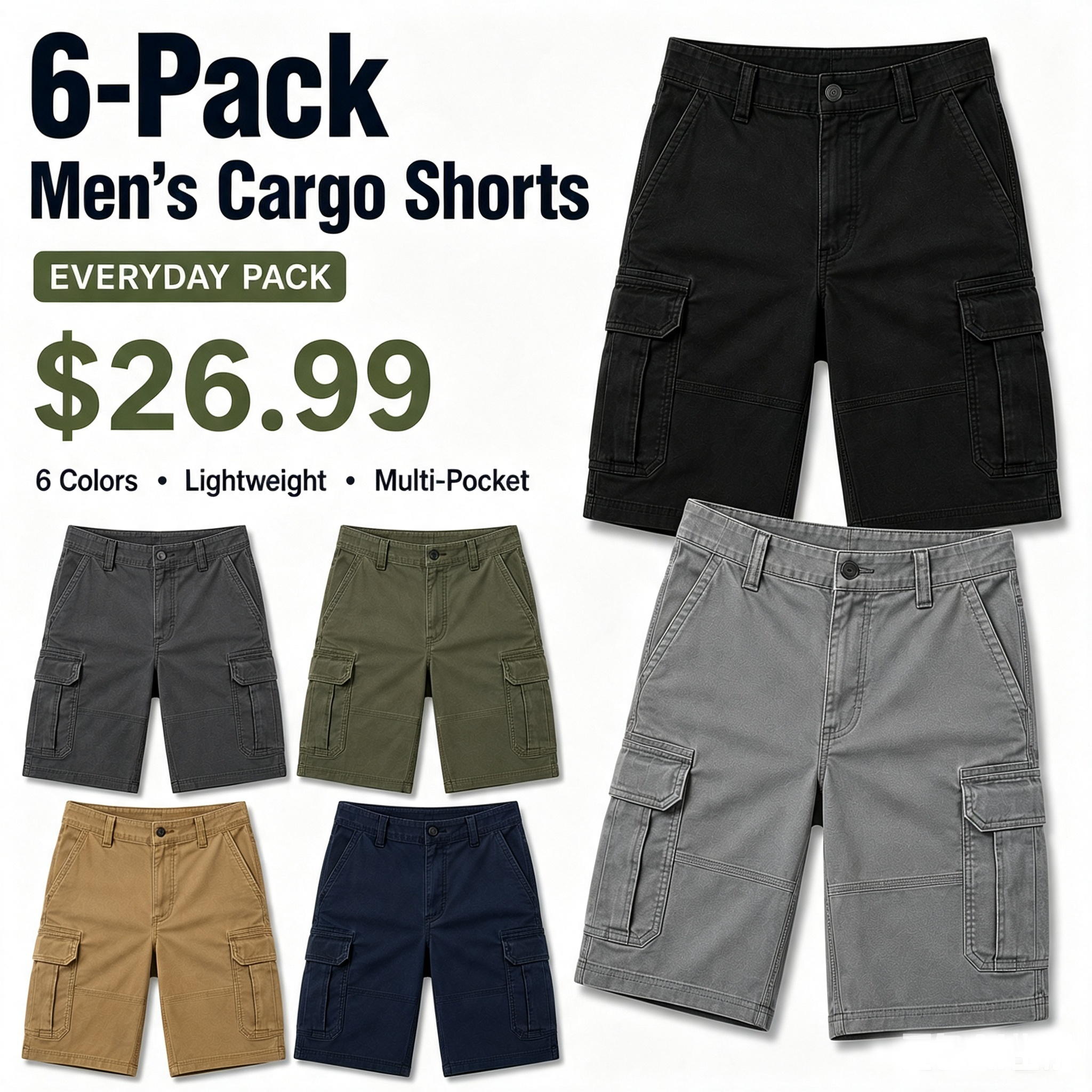 6-Pack Men's Lightweight Cargo Shorts