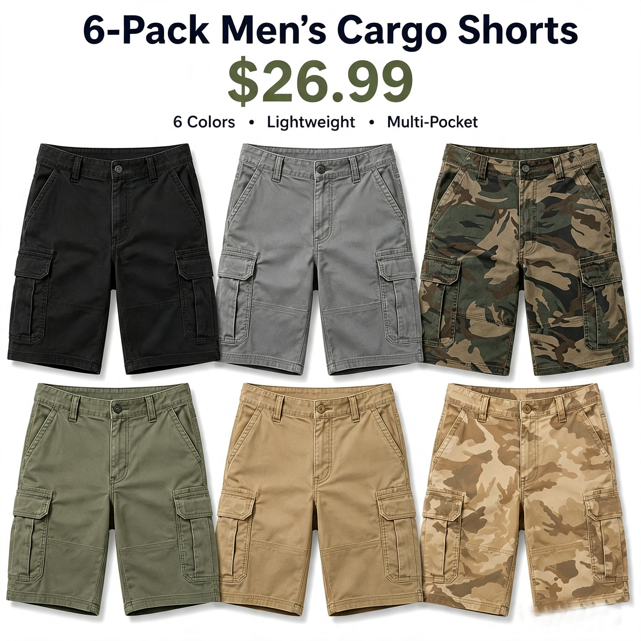6-Pack Men's Lightweight Cargo Shorts