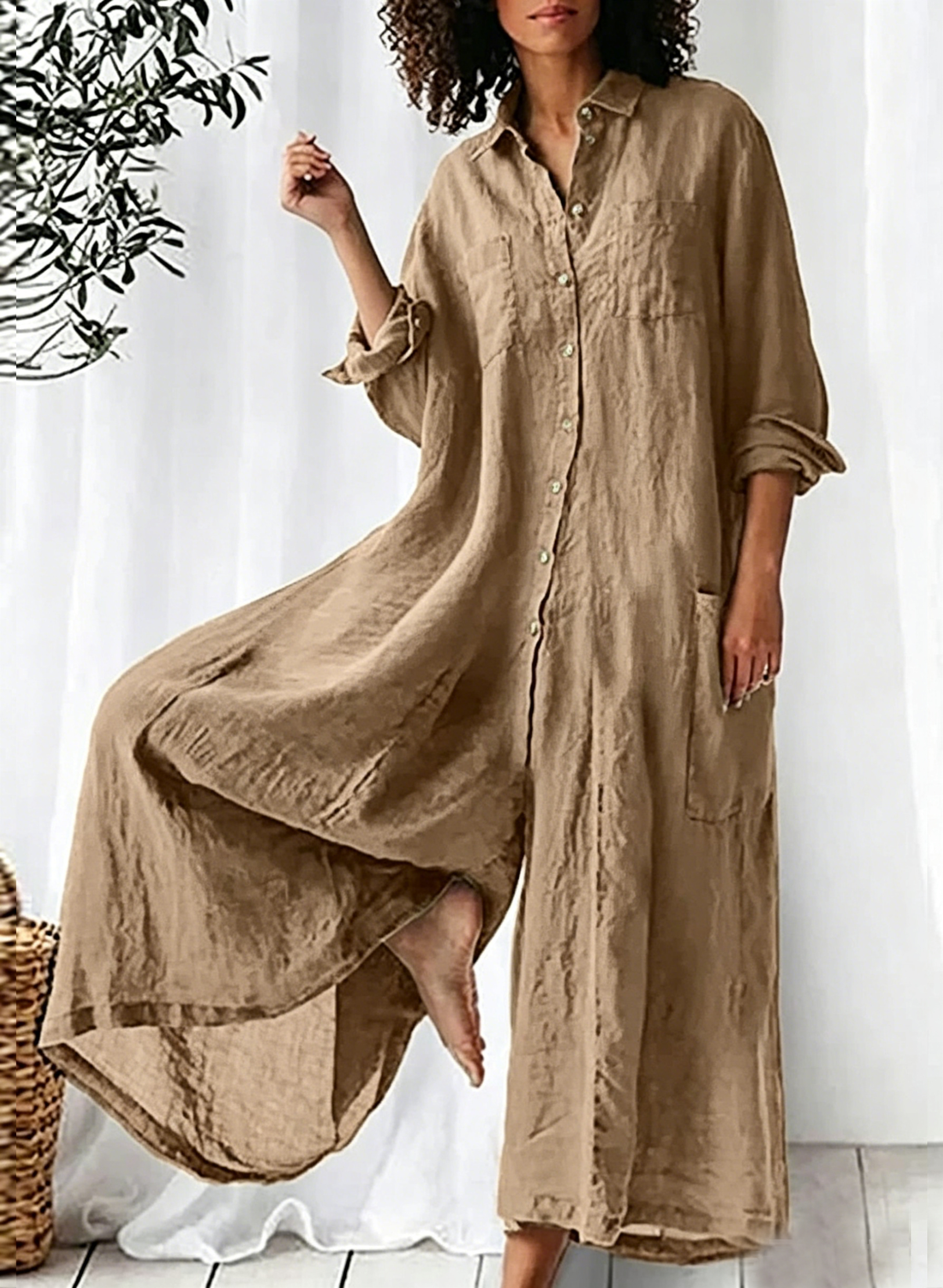 Women'S Solid Color Long-Sleeved Loose Wide-Leg Jumpsuit