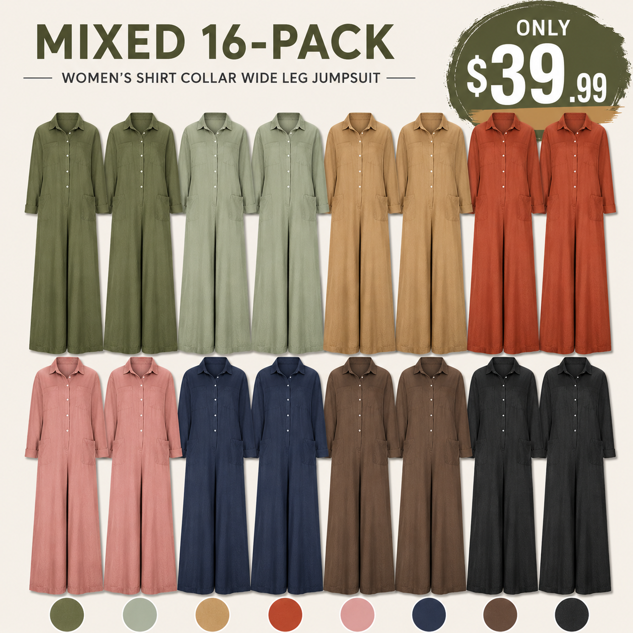 Women'S Solid Color Long-Sleeved Loose Wide-Leg Jumpsuit