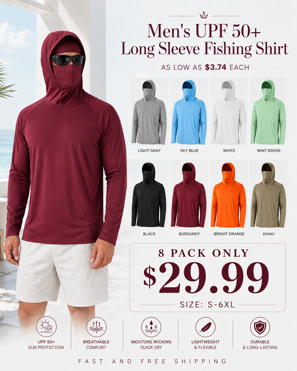 8-Pack Men's UPF 50+ Quick-Dry Hooded Fishing Shirts with Face Mask