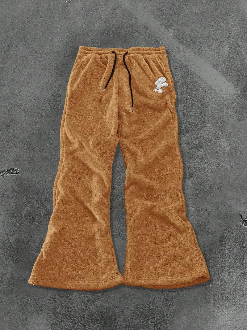 Unisex's Thermal Lined Embroidery Drawstring Waist Sweatpants, Casual Street Pocket Trousers for Daily Wear, Unisex's Bottoms for All Seasons