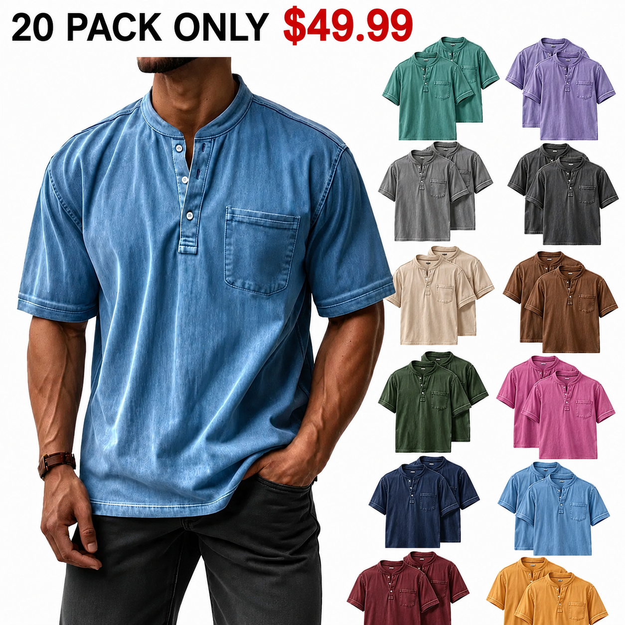 Men's Casual Solid Color Vintage Loose Pocket Short Sleeve Button-down Henley Shirt