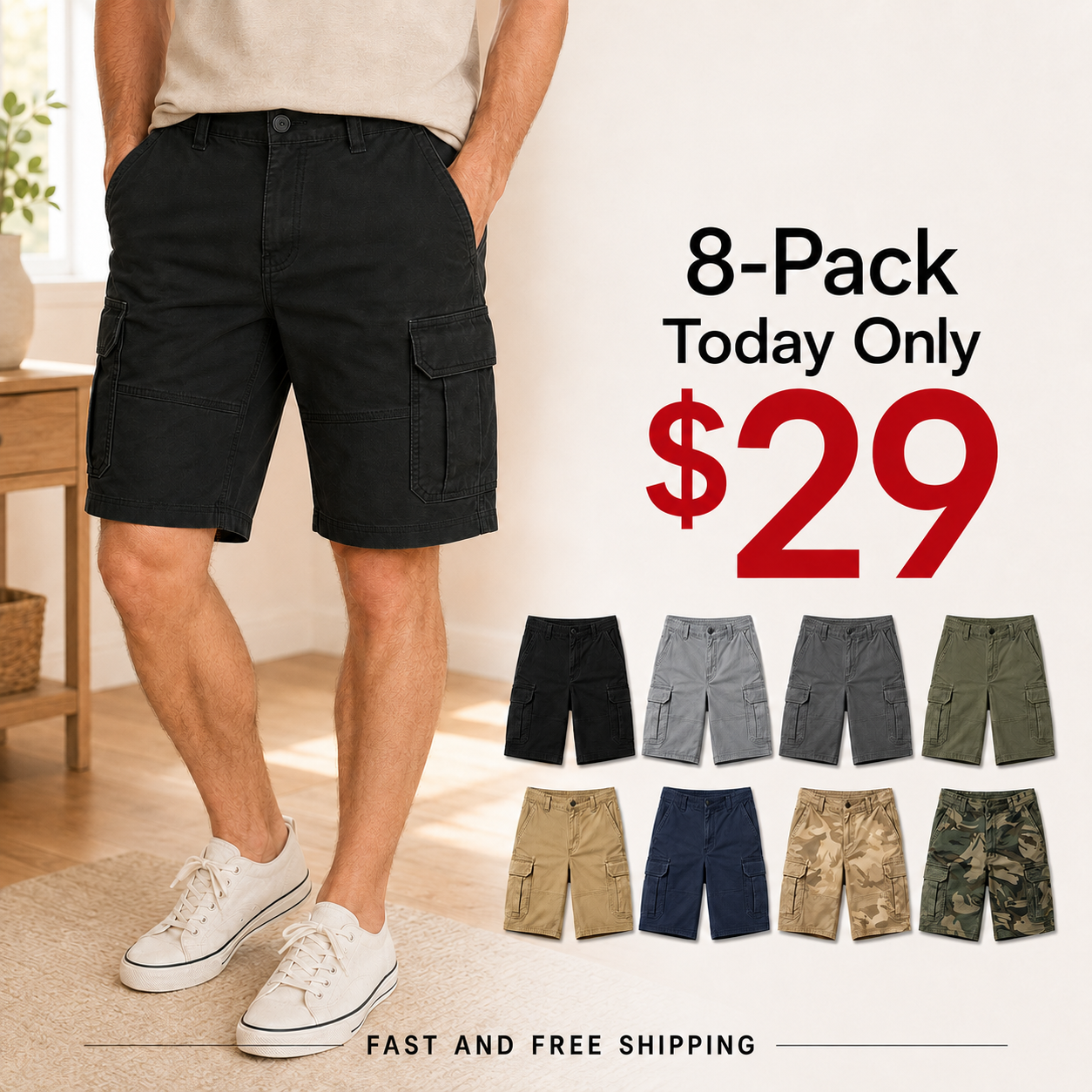 6-Pack Men's Lightweight Cargo Shorts