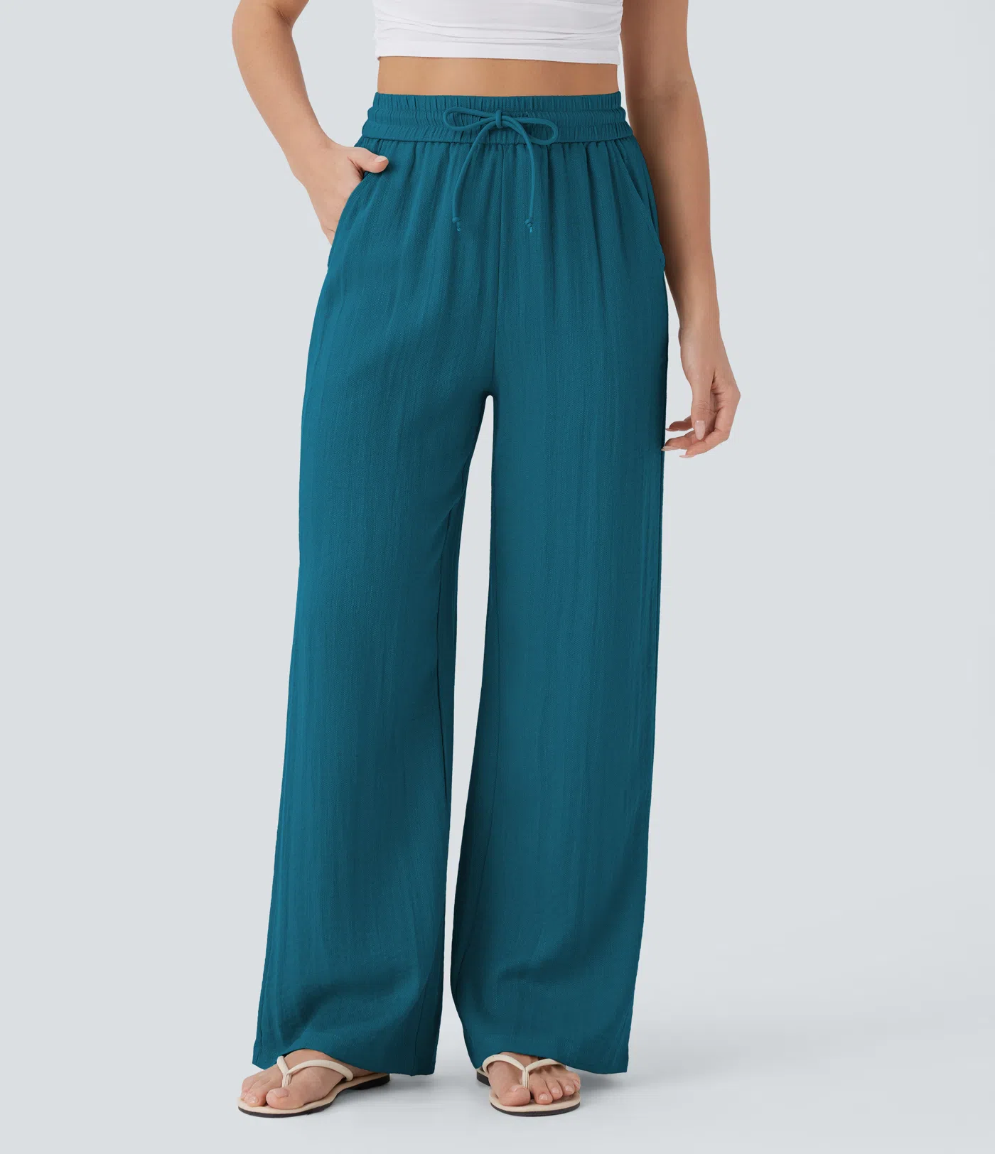 ⏰Limited-Time Deal⚡16 Pack for $38⚡High Waisted Drawstring Pocket Wide Leg Casual Linen-Feel Pants