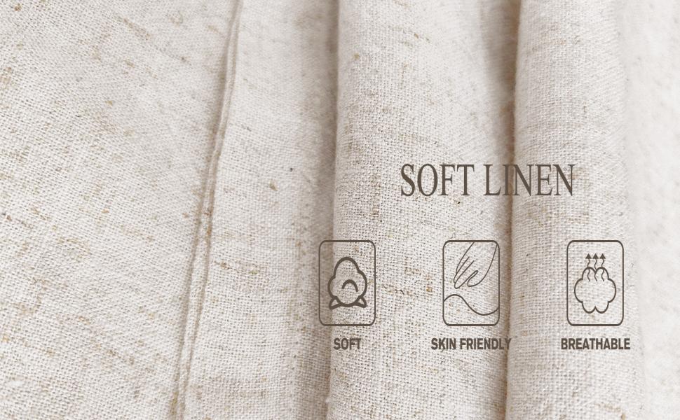 Close-up of beige linen fabric texture with 'SOFT LINEN' text and three care instruction icons indicating softness properties.