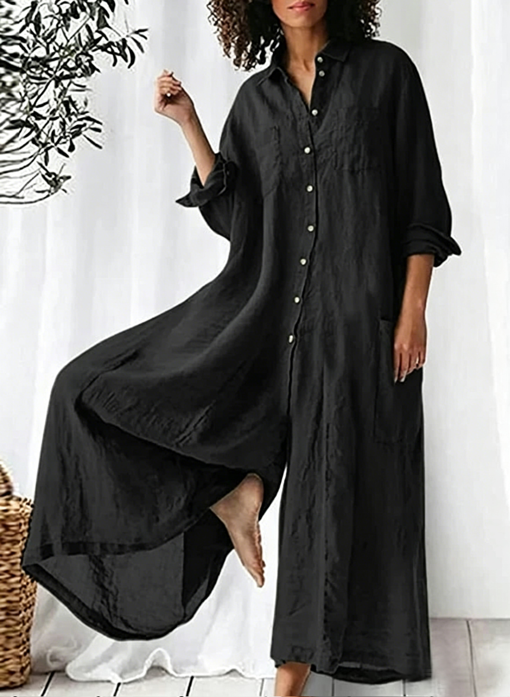 Women'S Solid Color Long-Sleeved Loose Wide-Leg Jumpsuit
