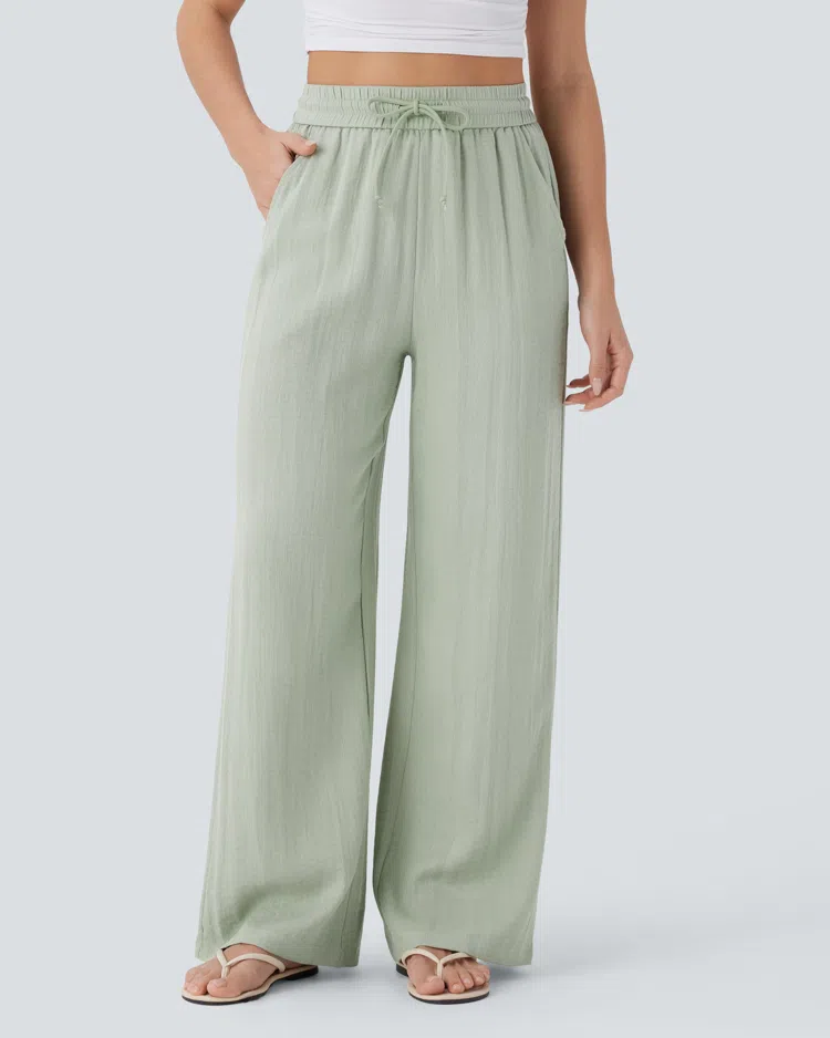 ⏰Limited-Time Deal⚡16 Pack for $38⚡High Waisted Drawstring Pocket Wide Leg Casual Linen-Feel Pants