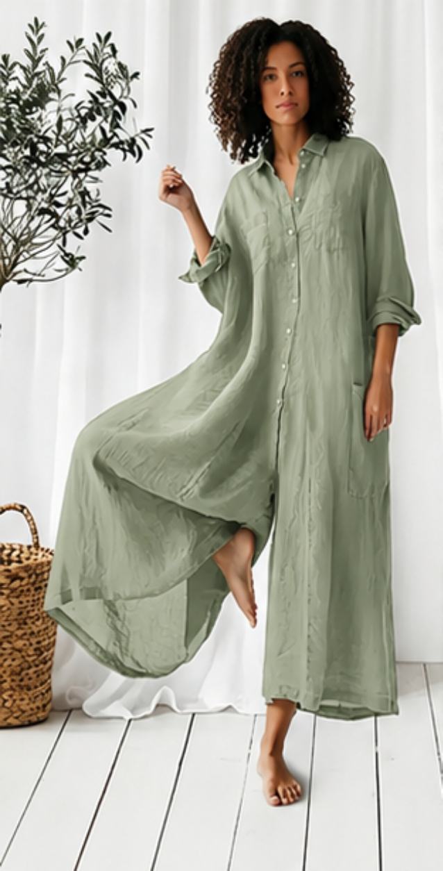 Women'S Solid Color Long-Sleeved Loose Wide-Leg Jumpsuit