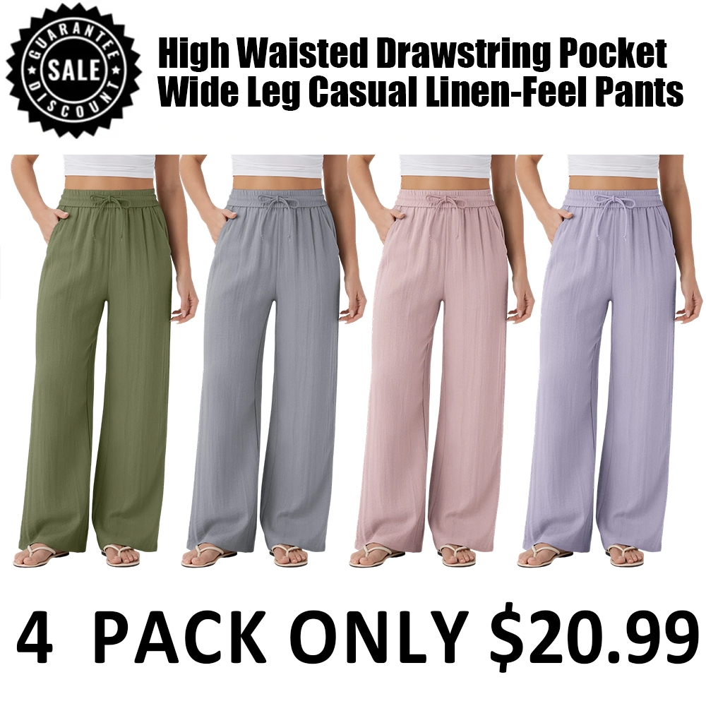 ⏰Limited-Time Deal⚡16 Pack for $38⚡High Waisted Drawstring Pocket Wide Leg Casual Linen-Feel Pants
