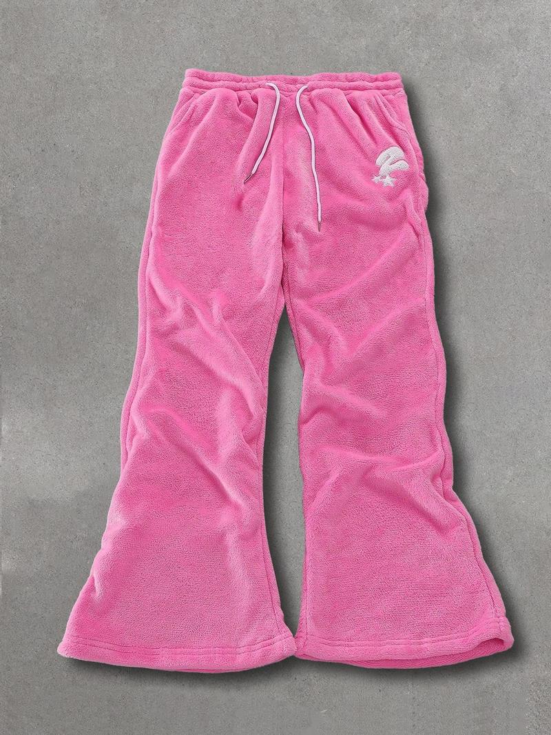 Unisex's Thermal Lined Embroidery Drawstring Waist Sweatpants, Casual Street Pocket Trousers for Daily Wear, Unisex's Bottoms for All Seasons
