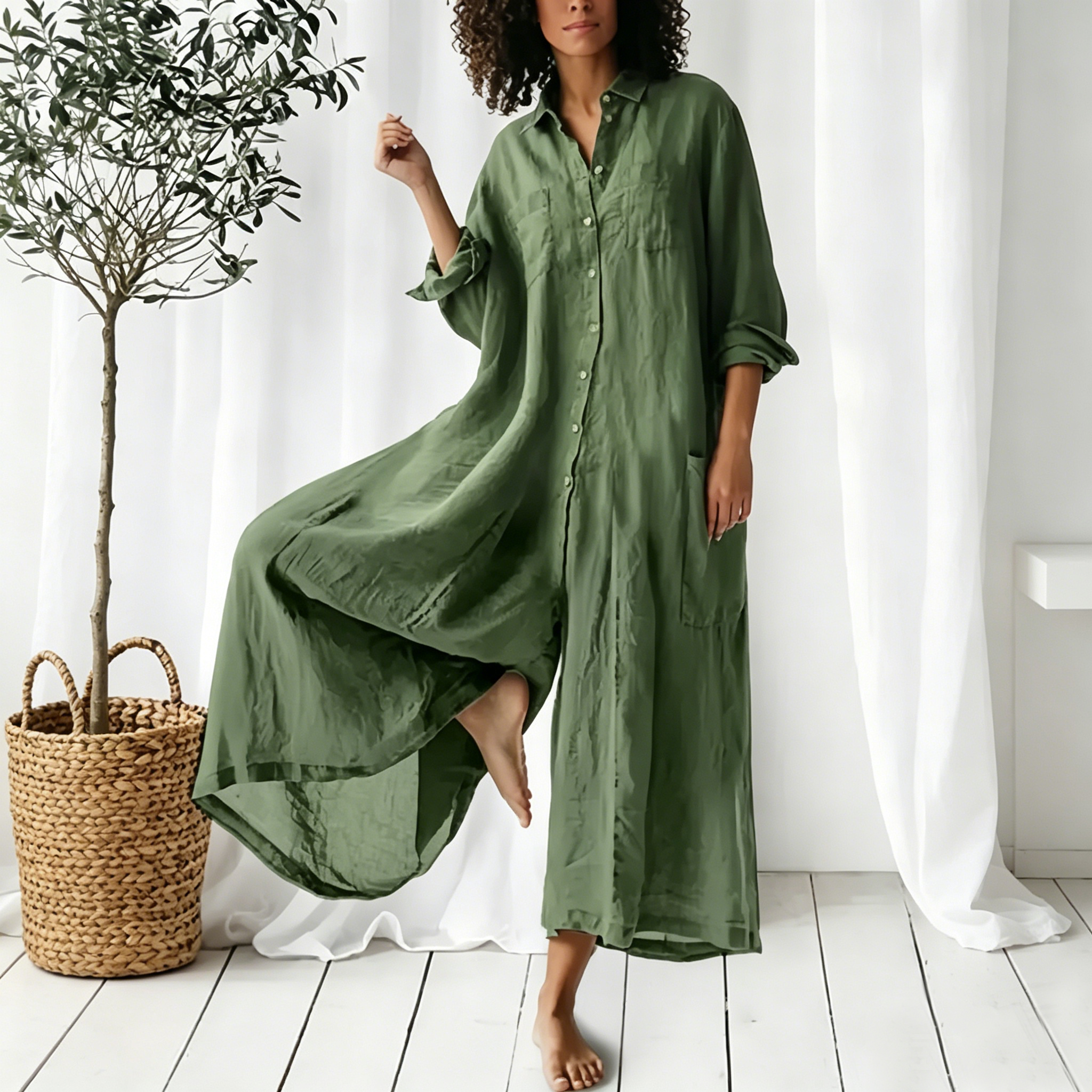 Women'S Solid Color Long-Sleeved Loose Wide-Leg Jumpsuit