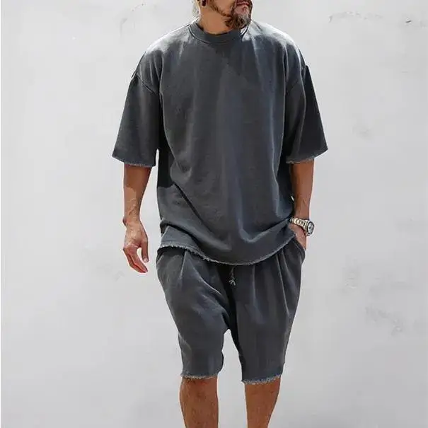 Men's Oversized Frayed Edge T-Shirt & Shorts 2-Piece Casual Set