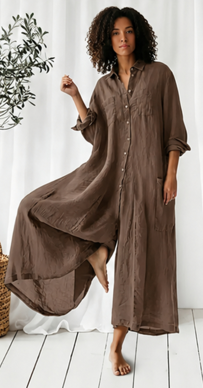 Women'S Solid Color Long-Sleeved Loose Wide-Leg Jumpsuit