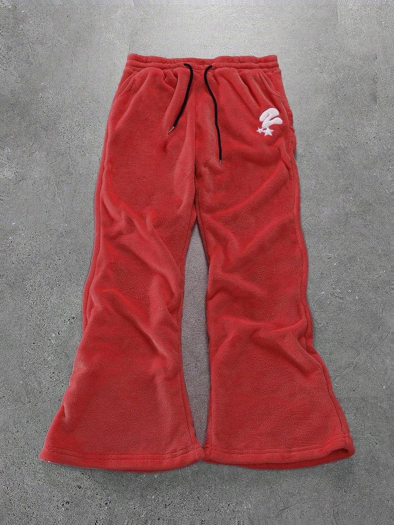 Unisex's Thermal Lined Embroidery Drawstring Waist Sweatpants, Casual Street Pocket Trousers for Daily Wear, Unisex's Bottoms for All Seasons