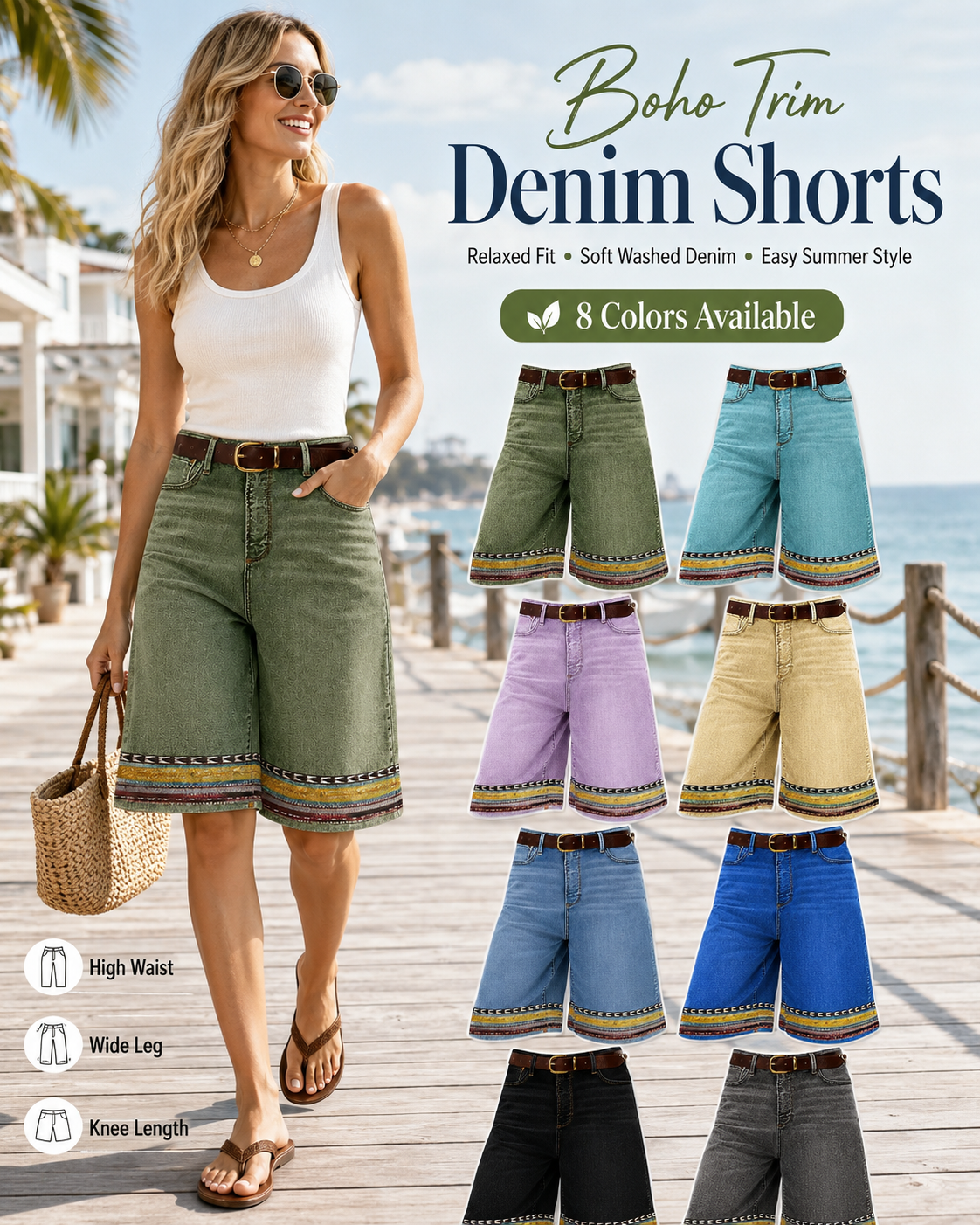 8-Pack Women's Printed Hem Denim Bermuda Shorts