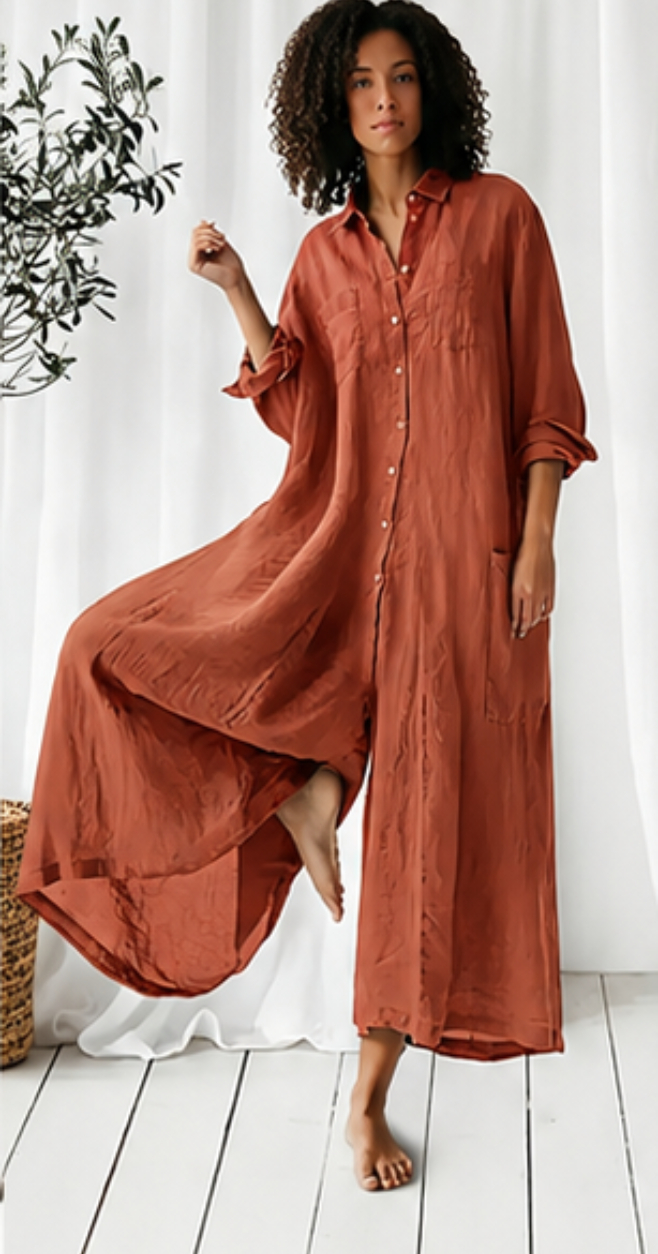 Women'S Solid Color Long-Sleeved Loose Wide-Leg Jumpsuit