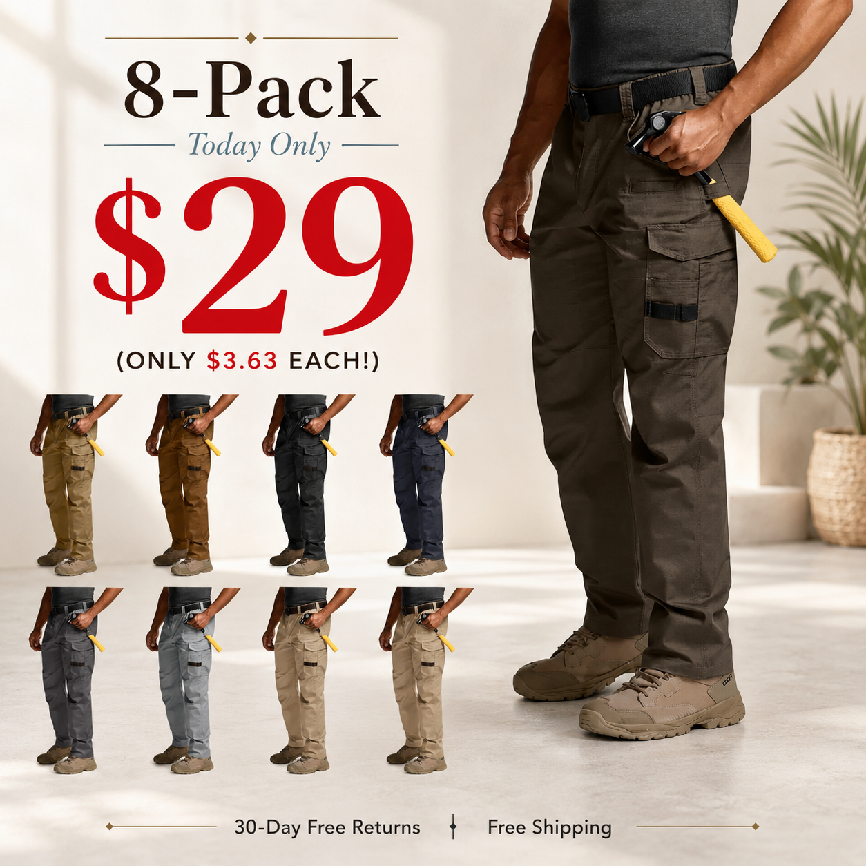 8-PACK Today Only $29 Men's Ripstop Work Pants,Water Resistant Outdoor Tactical Pants