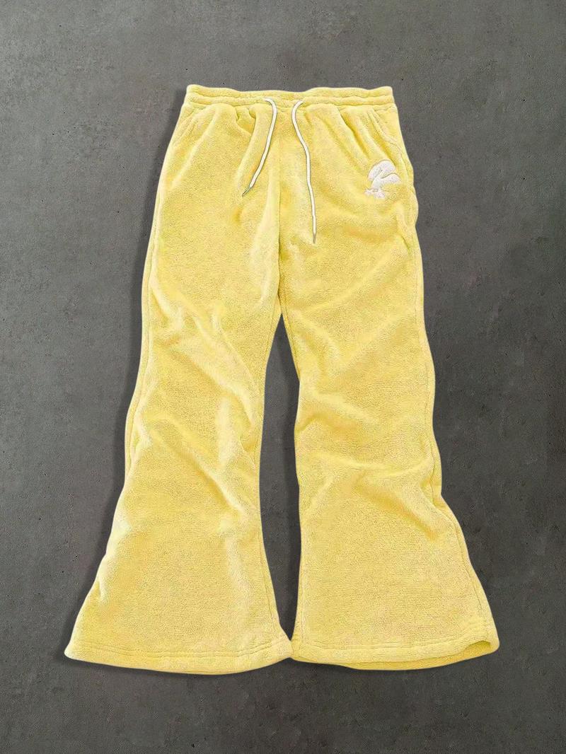 Unisex's Thermal Lined Embroidery Drawstring Waist Sweatpants, Casual Street Pocket Trousers for Daily Wear, Unisex's Bottoms for All Seasons