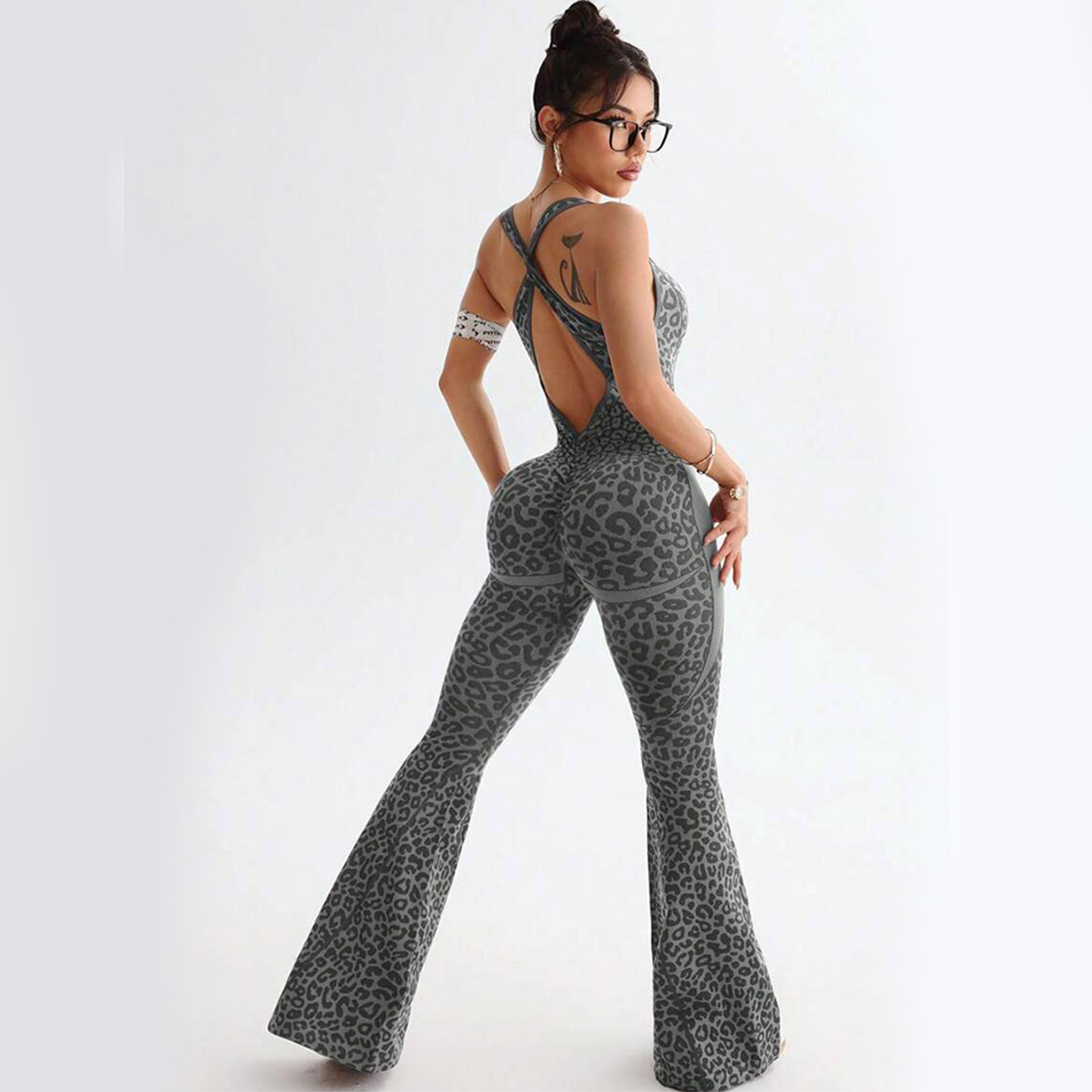 Women's Leopard Print One-Piece Flared Workout Bodysuit, Sexy Hollow Cross Twisted Back Design Fitness Women's Clothing Backless High-Waisted Yoga Jumpsuit stylish activewear Women's Bodycon Workout Tracksuit Set high waist flare leg pant sporty yoga set Women's Leopard Print One-Piece Flared Workout Bodysuit, Sexy Hollow Cross Twisted Back Design Fitness Women's Clothing Backless High-Waisted Yoga Jumpsuit stylish activewear Women's Bodycon Workout Tracksuit Set high waist flare leg pant sporty yoga set