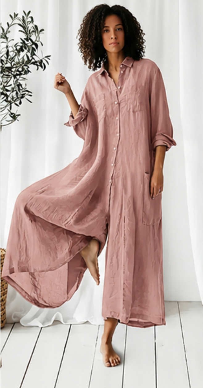 Women'S Solid Color Long-Sleeved Loose Wide-Leg Jumpsuit