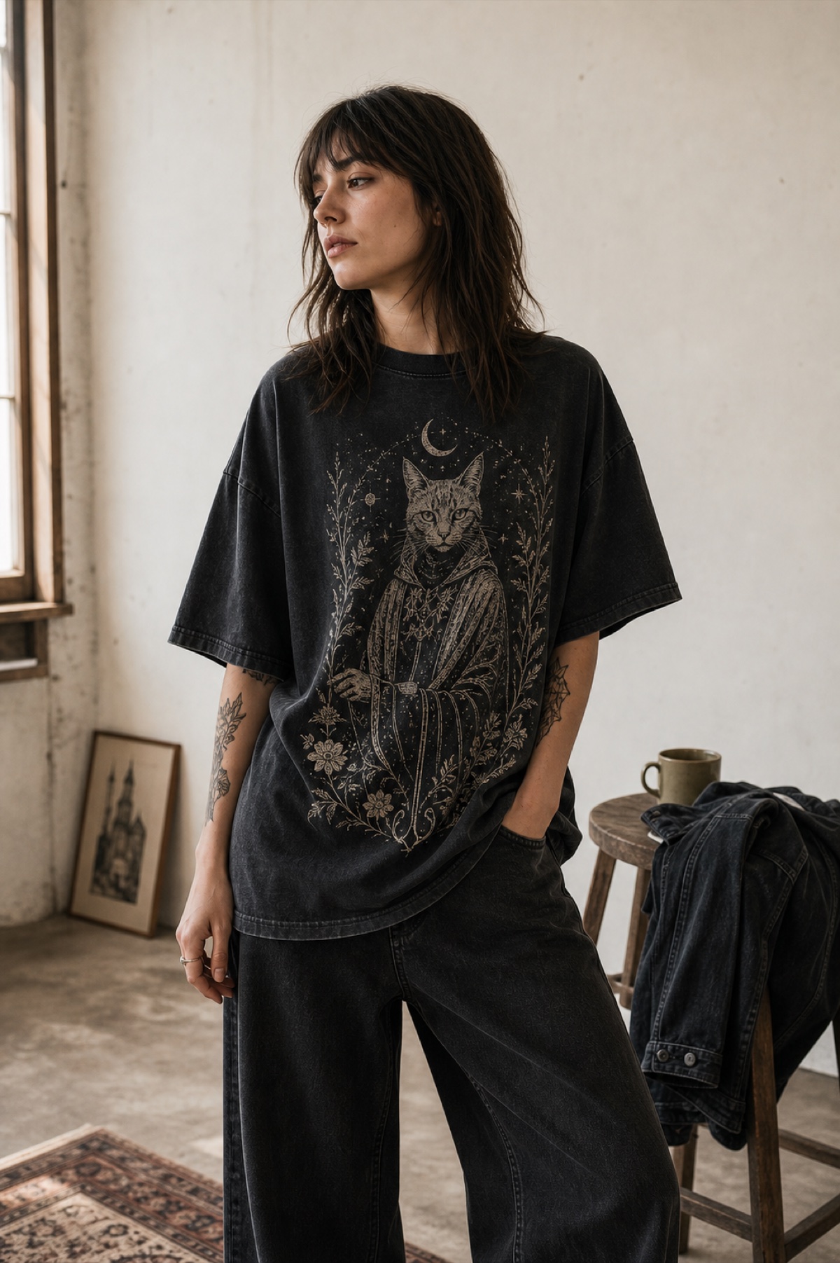Model wearing an oversized black washed graphic T-shirt in a casual outfit