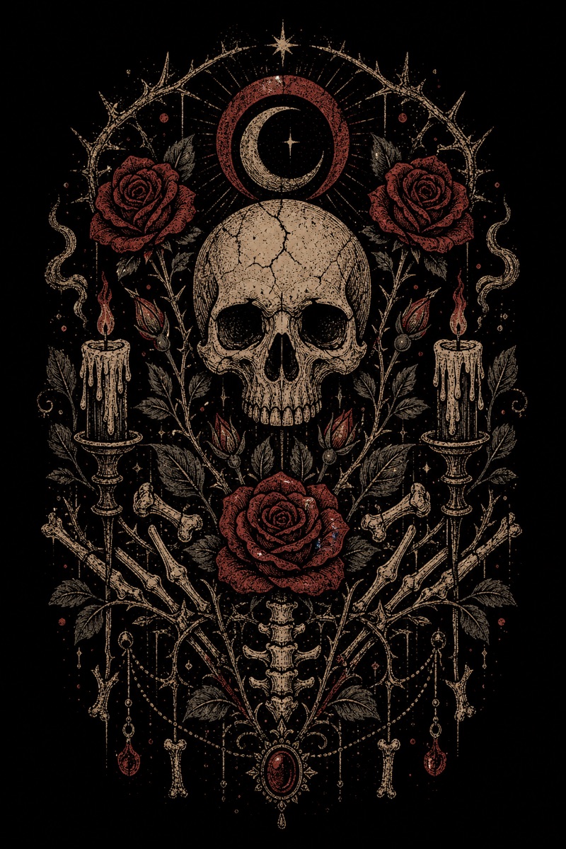 Gothic Botanical Skeleton washed graphic T-shirt artwork