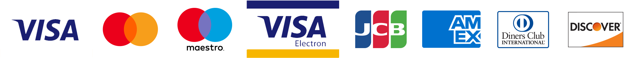 Accepted payment methods: Visa, Mastercard, Maestro, Visa Electron, JCB, American Express, Diners Club, Discover
