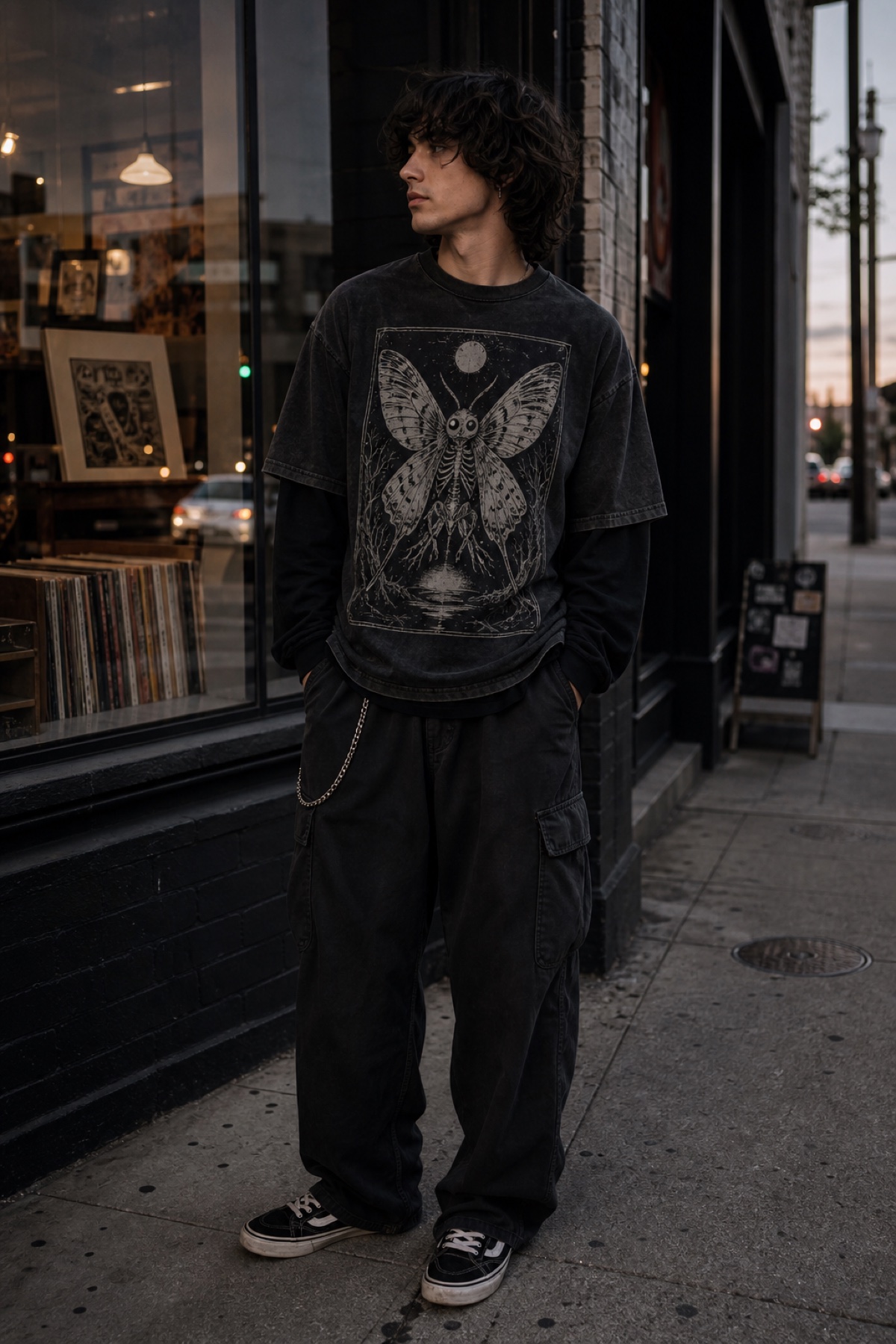 Model wearing a black washed graphic T-shirt layered for a street outfit