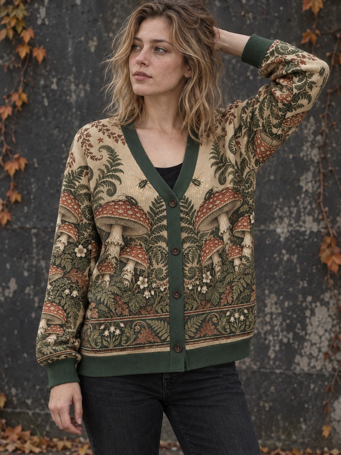 Red Mushrooms and Ferns Cardigan Sweatershirts — styling reference