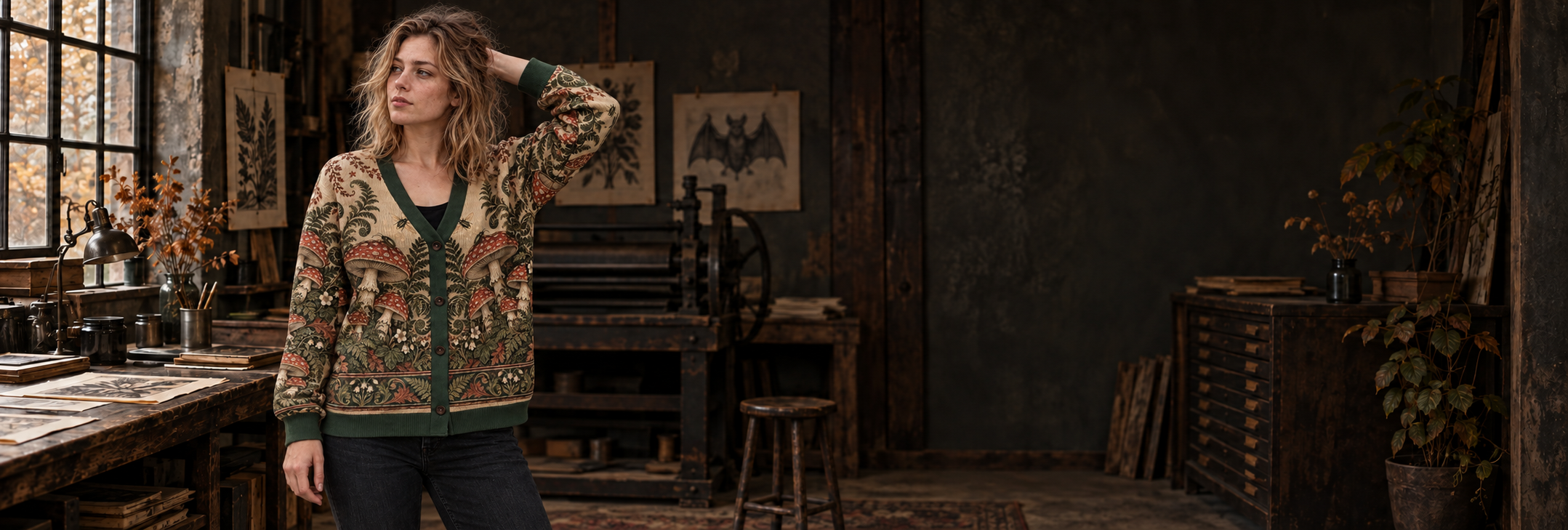 Red Mushrooms and Ferns cardigan at an autumn print studio